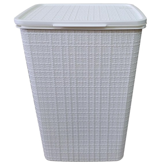 YBM Home Plastic Rattan Laundry Hamper Basket with Hinged Lid, Ventilation Holes, Durable, Lightweight Bin With Cutout Handles, Storage Dirty Clothes, Space Saver, White