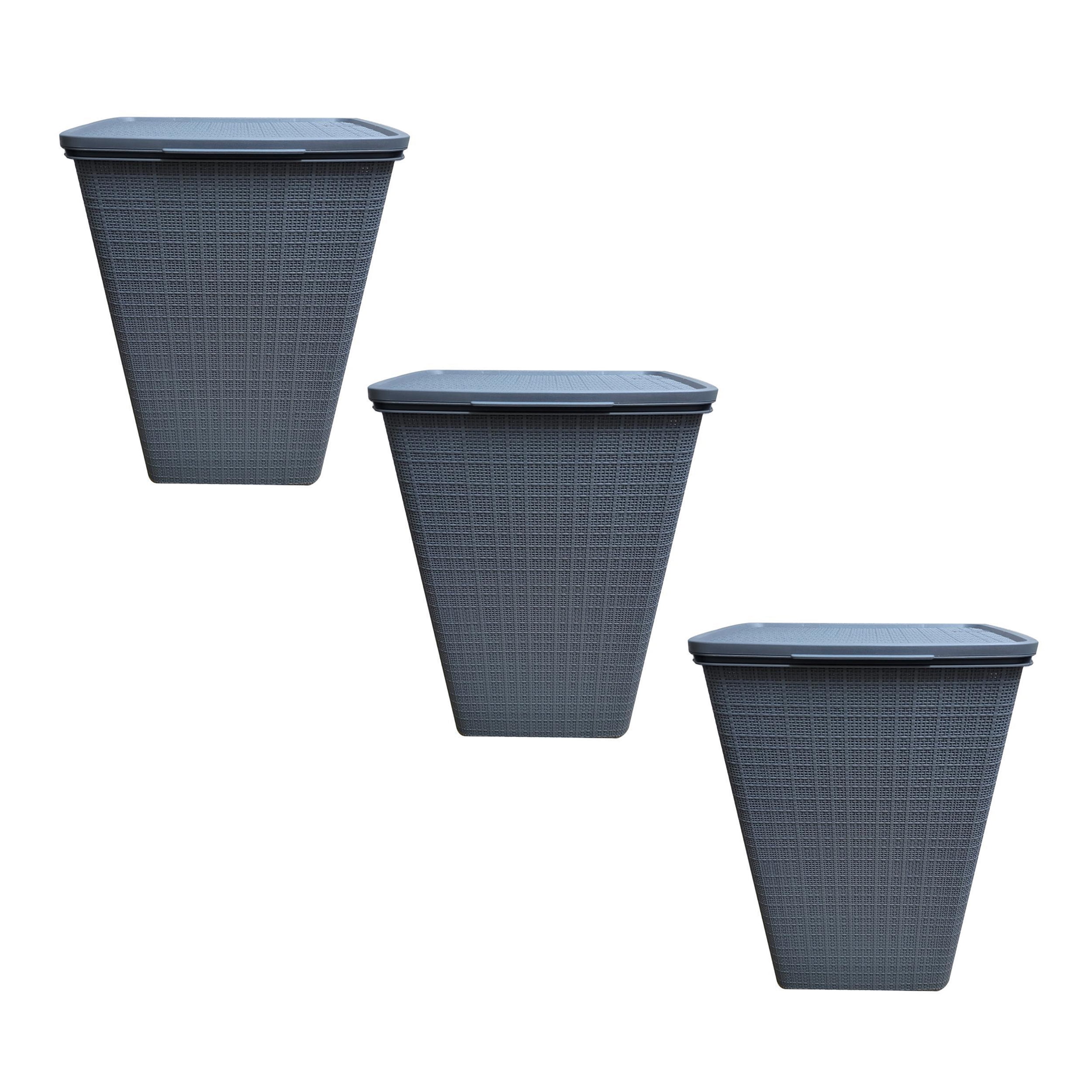 YBM Home Plastic Rattan Laundry Hamper Basket with Hinged Lid, Ventilation Holes, Durable, Lightweight Bin With Cutout Handles, Storage Dirty Clothes, Space Saver, 16.75" x 13.5" x 23.75",Grey, 3-Pack