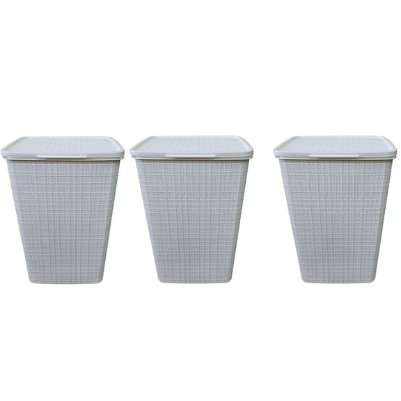 YBM Home Plastic Rattan Laundry Hamper Basket with Hinged Lid, Ventilation Holes, Durable, Lightweight Bin With Cutout Handles, Storage Dirty Clothes, Space Saver,16.75" x 13.5" x 23.75", White,3-Pack