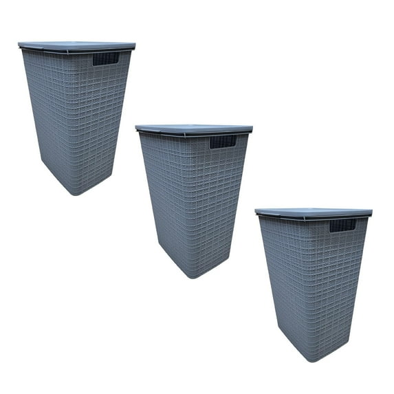 YBM Home Plastic Rattan Laundry Hamper Basket with Hinged Lid, Ventilation Holes, Durable, Lightweight Bin With Cutout Handles, Storage Dirty Clothes, Space Saver,16.75"x13.5"x23.75",Light Grey,3-Pack