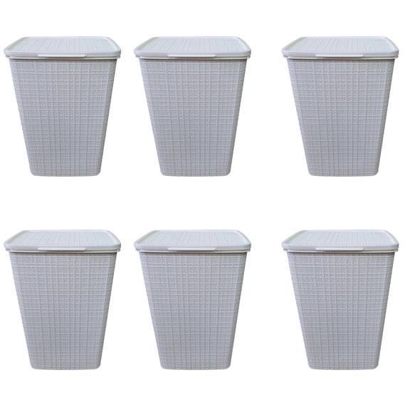 YBM Home Plastic Rattan Laundry Hamper Basket with Hinged Lid, Ventilation Holes, Durable, Lightweight Bin With Cutout Handles, Storage Dirty Clothes, Space Saver, 16.75" x 13.5" x 23.75",White,6-Pack