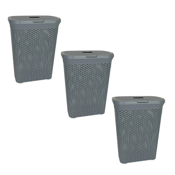 YBM Home Plastic Rattan Laundry Hamper Basket with Hinged Lid, Ventilation Holes, Durable, Lightweight Bin With Cutout Handles, Storage Dirty Clothes, Space Saver, 10.5" x 17.5" x 23.75", Grey, 3-Pack