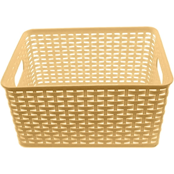 YBM Home Plastic Rattan Storage Box Basket Organizer for Bathroom, Large, Beige