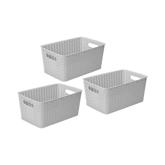 YBM Home Plastic Rattan Storage Box Basket Organizer for Bathroom, Large, Gray, Pack of 3