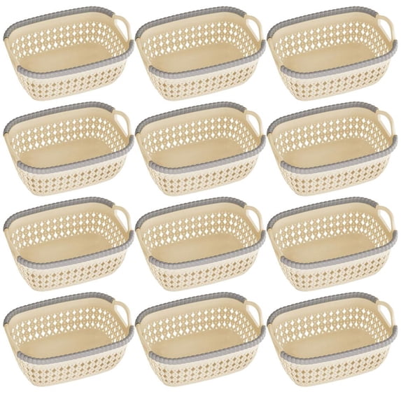 YBM Home Plastic Weave Wicker Storage Baskets with Handles 12 Pack, Beige - Small