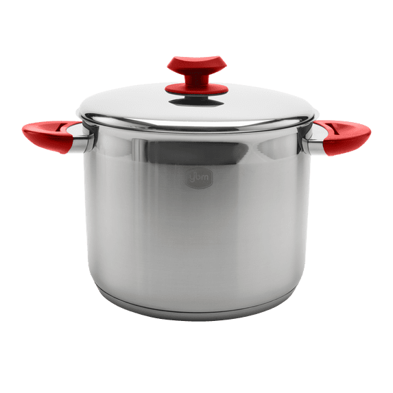 YBM Home Professional Chef’s 18/10 Stainless Steel Stock Pot Covered Tri-Ply Capsule Base With Bakelite Handle, Terrific Mirror Silver, Induction Compatible, 7 Quart - Red