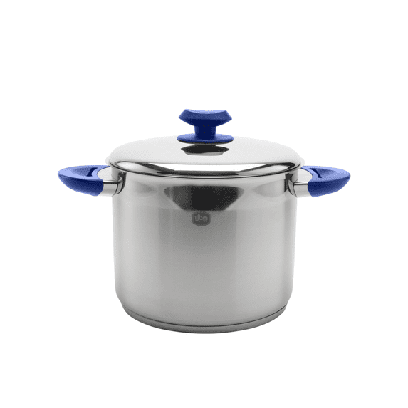 YBM Home Professional Chef’s 18/10 Stainless Steel Stock Pot Covered Tri-Ply Capsule Base With Bakelite Handle, Terrific Mirror Silver, Induction Compatible, 7 Quart - Blue
