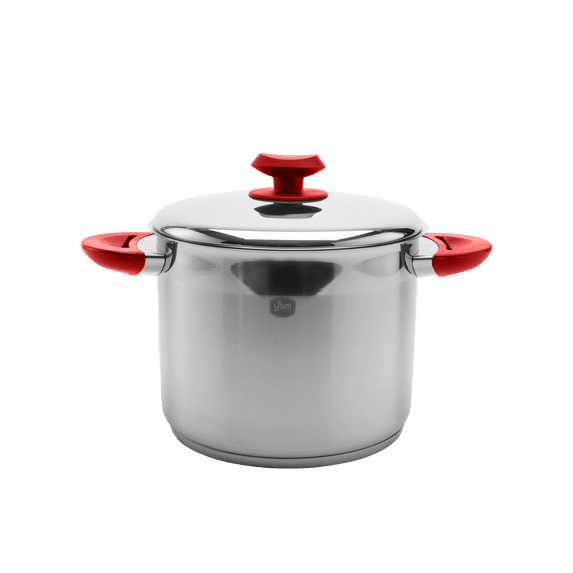 YBM Home Professional Chef’s 18/10 Stainless Steel Stock Pot Covered Tri-Ply Capsule Base With Bakelite Handle, Terrific Mirror Silver, Induction Compatible, 5 Quart - Red