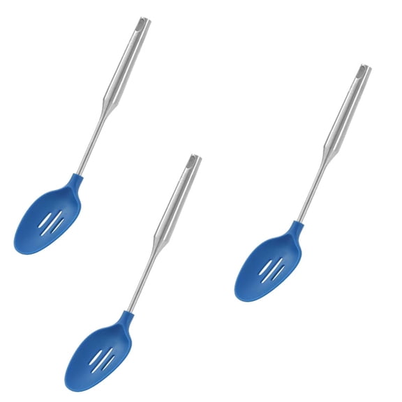 YBM Home Silicone Non-Stick Slotted Cooking Serving Spoons, Heat-Resistant Plastic Kitchen Tools for Mixing, Serving, Draining, Turning, and Stirring, with Stainless Steel Handle, Blue, Pack of 3