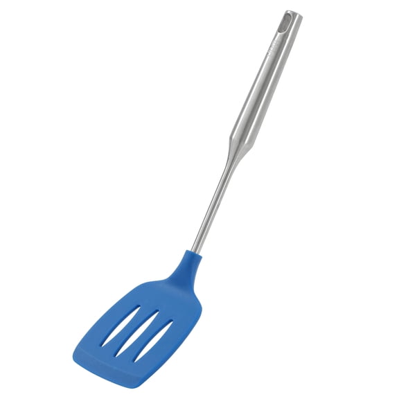 YBM Home Silicone Non-Stick Slotted Turner Spatula, Heat-Resistant Plastic Kitchen Tools for Flipping, Frying, Serving, Draining, Turning, and Stirring, with Stainless Steel Handle, Blue