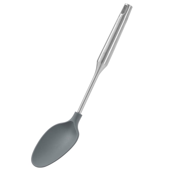 YBM Home Silicone Non-Stick Solid Cooking Serving Spoons, Heat-Resistant Plastic Kitchen Tools for Mixing, Frying, Serving, Draining, Turning, and Stirring, with Stainless Steel Handle, Grey