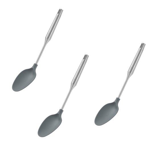 YBM Home Silicone Non-Stick Solid Cooking Serving Spoons, Heat-Resistant Plastic Kitchen Tools for Mixing, Serving, Draining, Turning, and Stirring, with Stainless Steel Handle, Grey, Pack of 3