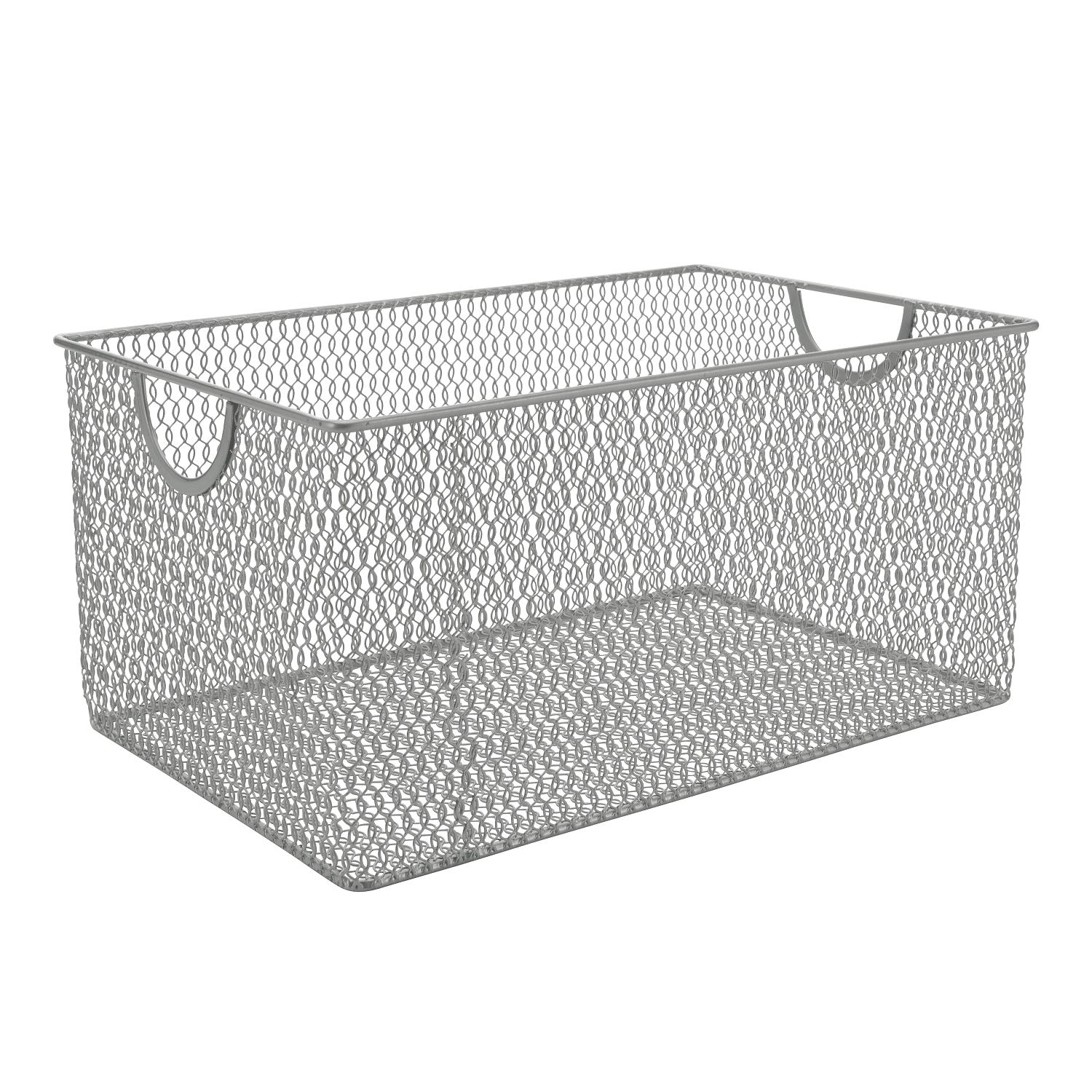 Silver Rectangular Mesh Wire Storage Basket with Handles