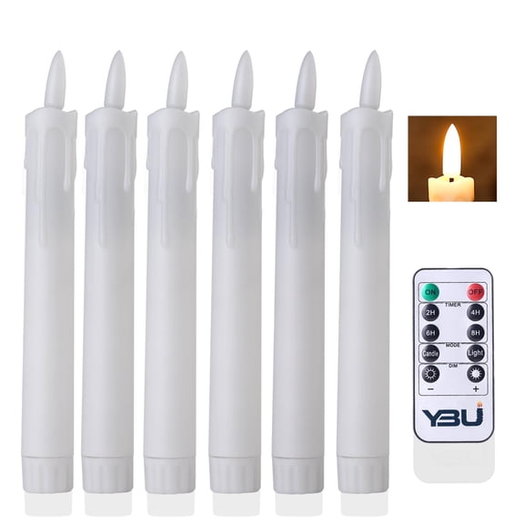 YBU Flameless Taper Candles with Remote 7 Inches Led Candle Sticks with Flickering Light Timer Dimmer Battery Operated Window Candles for Halloween Christmas Decoration 6 Pcs, White