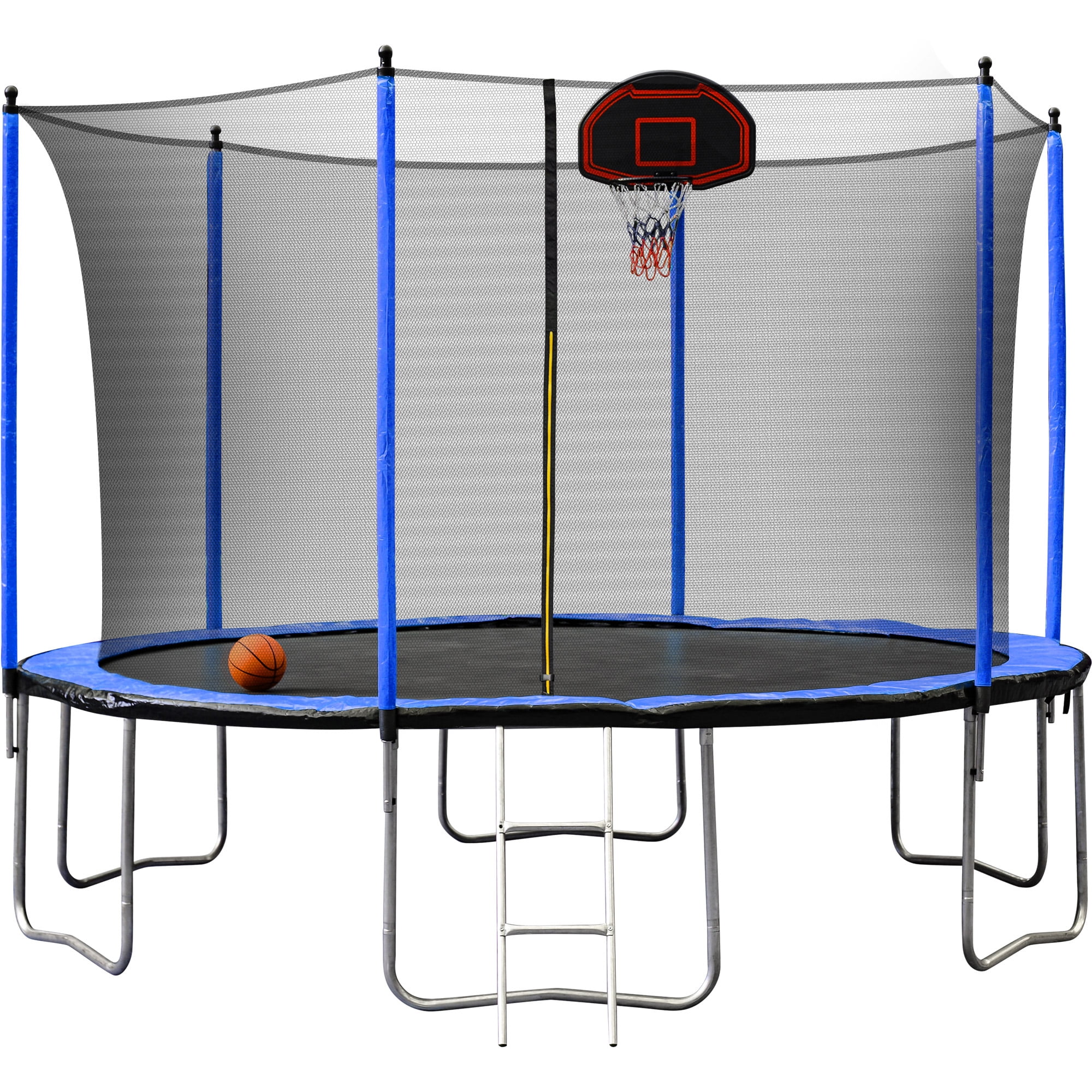 YC 14FT Trampoline with Basketball Hoop Inflator and Ladder(Inner Safety Enclosure) Blue A+B
