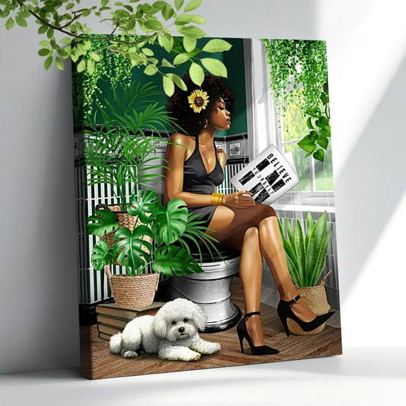 YCCJ-Bathroom Decor African American Wall Art Black Girl Canvas Wall Art Pictures Modern Green Botanical Wall Decor Black Woman UnUnframed Artwork For Bathroom Bedroom 20"X24"