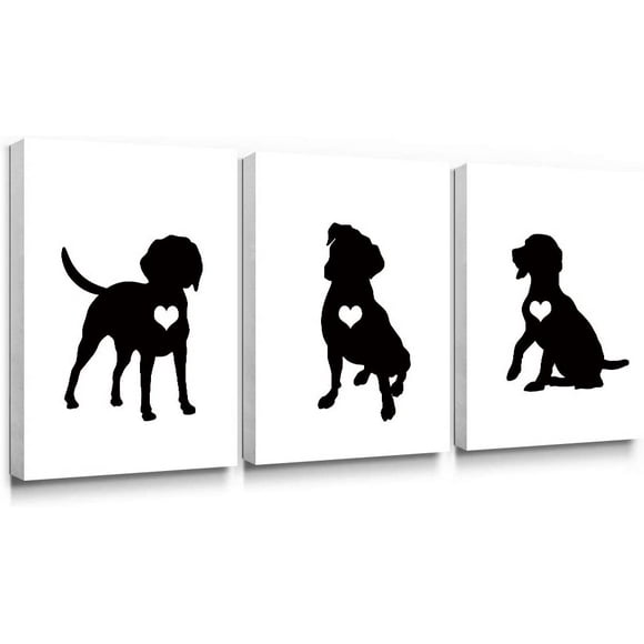 YCCJ-Black and White Wall Art Bedroom 3 Piece Modern Canvas Paintings Animal Prints Dog Silhouette Pictures Bathroom Artwork Set Nursery Puppy Lover Pet Gifts Home Decorations,12x16 inch