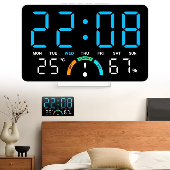 YCCMML Digital Wall Clock, Large LED Alarm Clock with Humidity Temperature Date & Comfort Indicators, Wall Mount or Desk Stand
