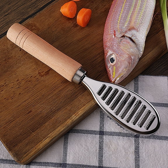 YCCMML Stainless Fish Scraper Tool with Wooden Handle, Ergonomic Fish Scale Remover and Descaler for Kitchen Seafood Prep
