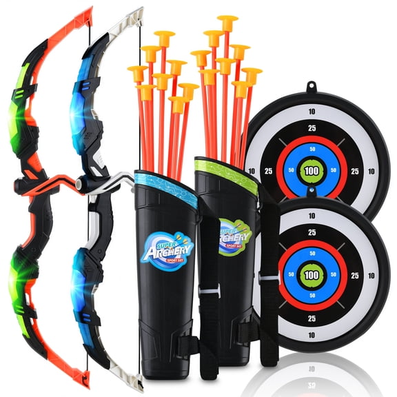 YCFUN 2 Pack Bow and Arrow Toy Set for Kids with Target&Quiver, LED Light Up Archery Targets Outdoor Backyard Toys for Toddler Boys Girls 3+