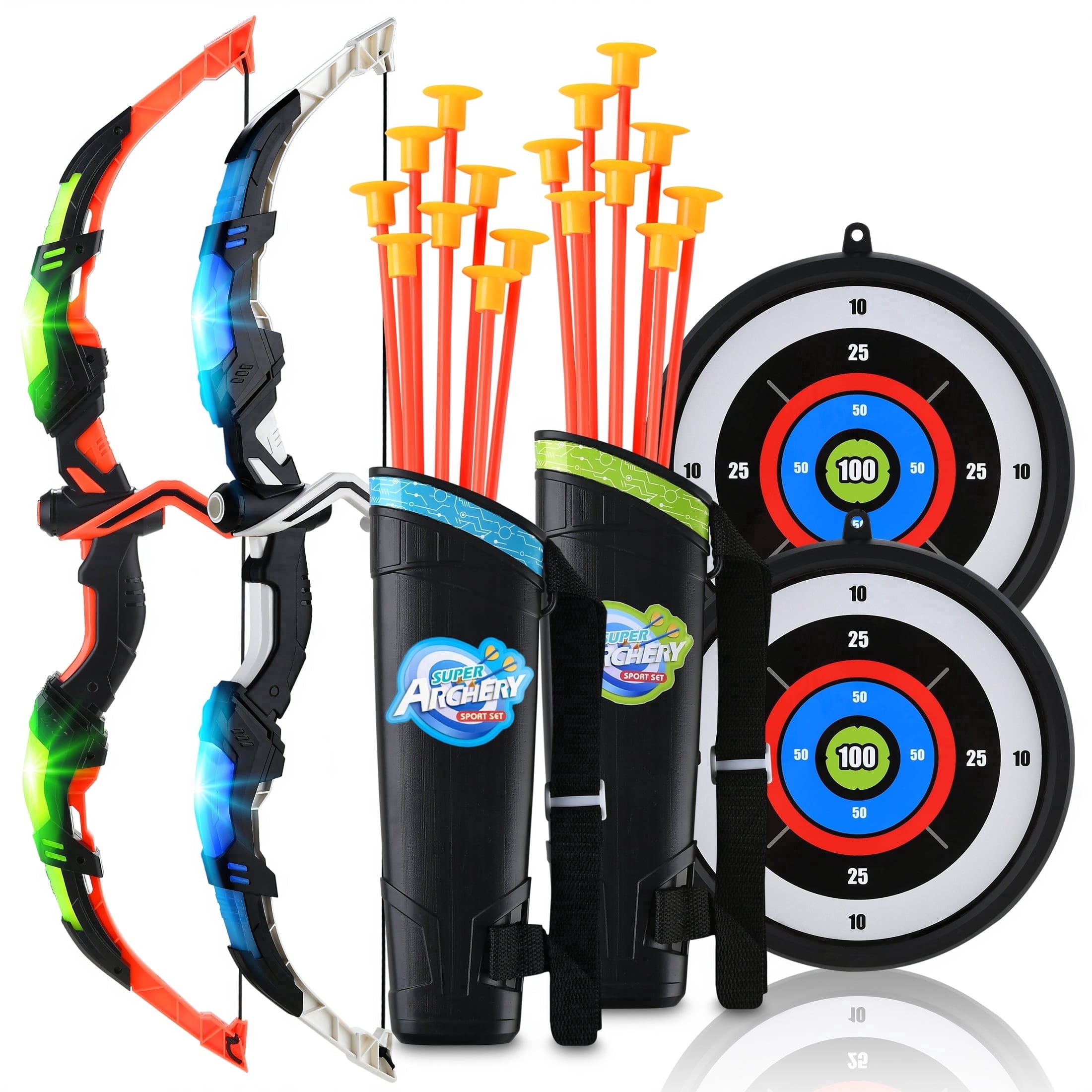 YCFUN 2 Pack Bow and Arrow Toy Set for Kids, Archery Toy Set with LED Lights and 20 Arrows, Outdoor Sport Toys for Kids Boys Girls 3-6 6-12 Years