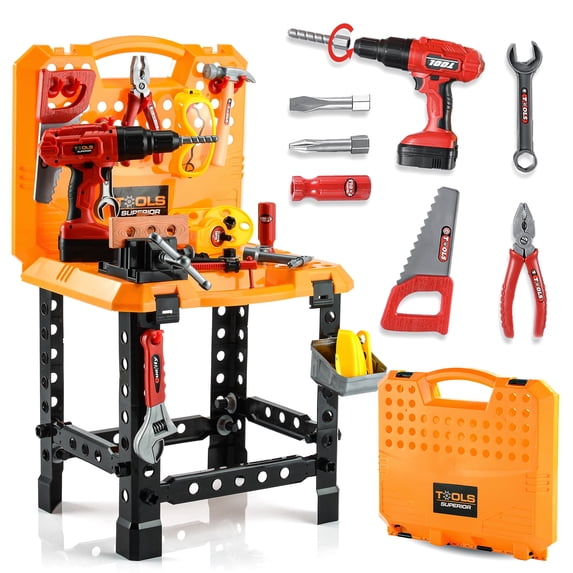 YCFUN 82-Piece Kids Workbench Set, Pretend Play Foldable Workshop with Electric Drill & Building Tools, Realistic Construction Toy for Toddlers Boys