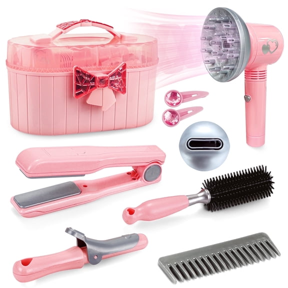 YCFUN Hair Salon Toys for Girls, Pretend Play Fashion Styling Set with Realistic Hair Dryer & Carring Case, Gilrs Beauty Salon Set for Kids 4-6