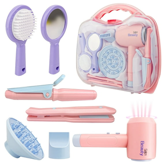 YCFUN Beauty Hair Salon Toy Set for Girls, Pretend Play Hair Stylist Set with Realistic Blow Dryer & Straightener, Kids Beauty Makeup Kit Role Play Set for Girls Ages 3+