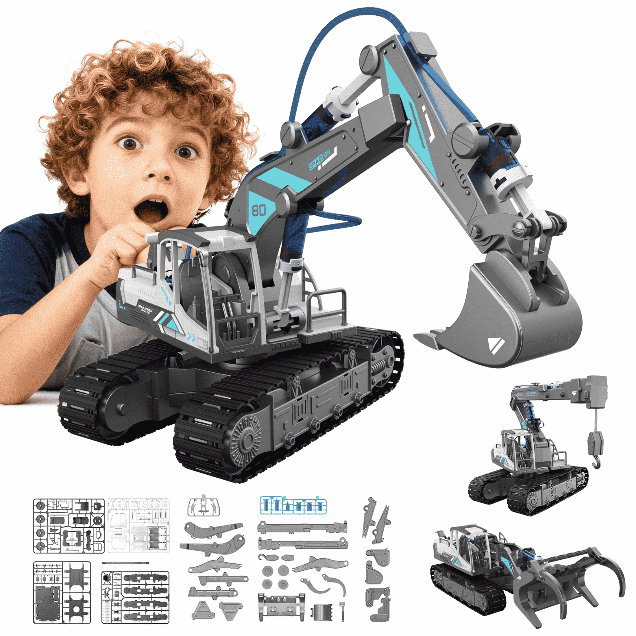 YCFUN Toy Crane Model Building Kit with Hydraulic, 3-in-1 Crane, Excavator & Wood Loader Construction Toy Truck, Erector Set for Kids 6-13