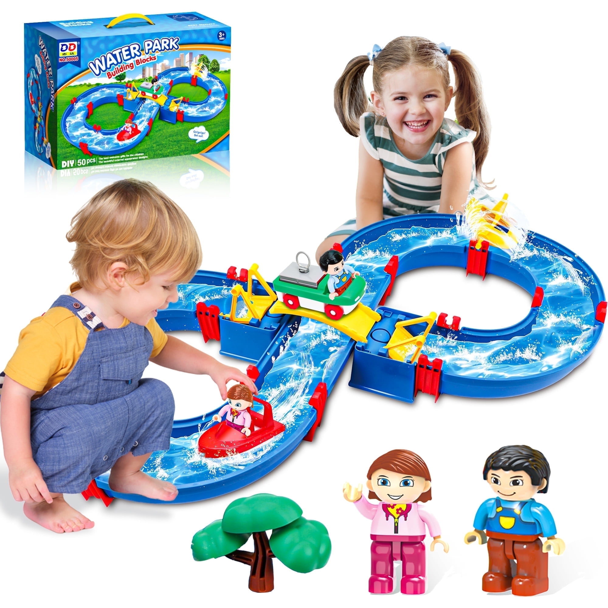 YCFUN Outdoor Water Table, 54Pcs DIY Water Park Playset with 4 Boats for Backyard \u0026 Pool, Summer Outdoor Activity Table for Kids Ages 4-8