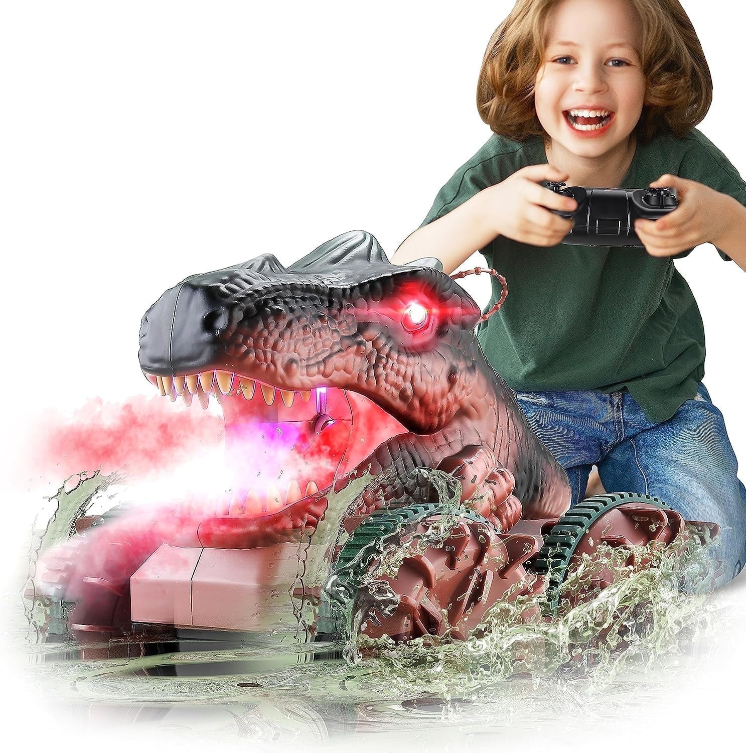 YCFUN RC Dinosaur Monster Trucks, Remote Control Dinosaur Cars, Amphibious RC Boats for Boys Girls Age 3-8