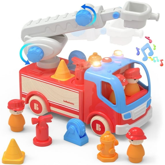 YCFUN Fire Truck Set for Toddlers, Wood & Plastic Truck Toys with Light & Sound, Early Learning Preschool Toy for Kids Age 1-3, Idea Birthday Gift