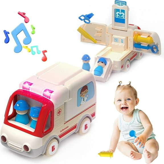 YCFUN Ambulance Car Set for Toddlers, Wood & Plastic Truck Toys with Light & Sound, Early Learning Preschool Toy for Kids Age 1-3, Idea Birthday Gift