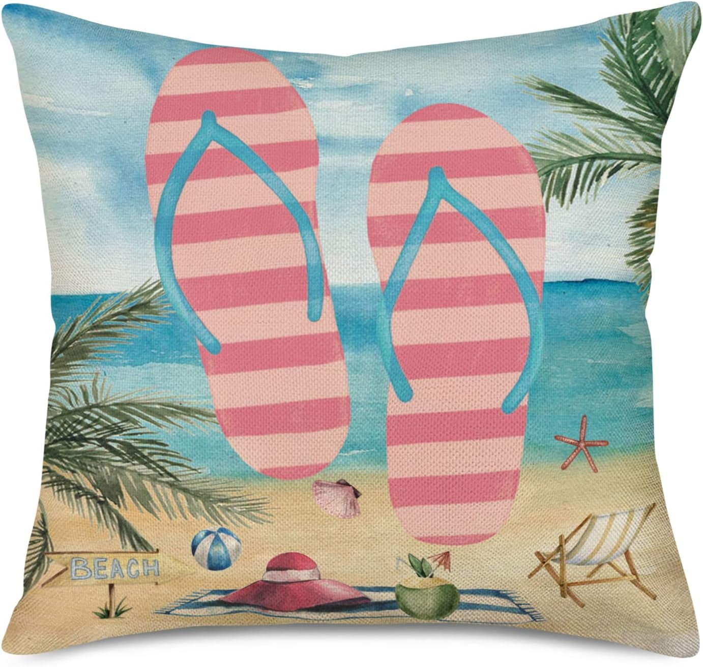 YCHII Blue Beach Pink Flip Flops Pillow Covers 18x18 Inch Summer Tropical Palm Trees Ocean Sea