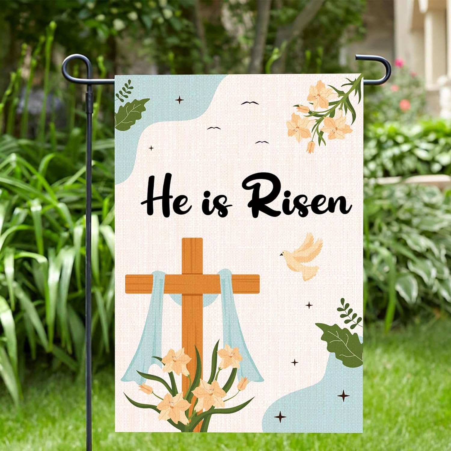 YCHII He is Risen Garden Flag, Easter Cross Garden Flag, Easter Yard Flag, Easter Season Holiday