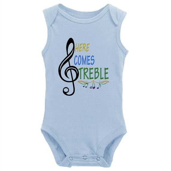 YCICIVDee Baby Bodysuit‘Here Comes Treble’ Baby Funny Music Guitar Drummer Body Suit Gift Present 12-18 Months Blue Sleeveless
