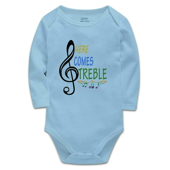YCICIVDee Baby Bodysuit‘Here Comes Treble’ Baby Funny Music Guitar Drummer Body Suit Gift Present 18-24 Months Blue Long Sleeve
