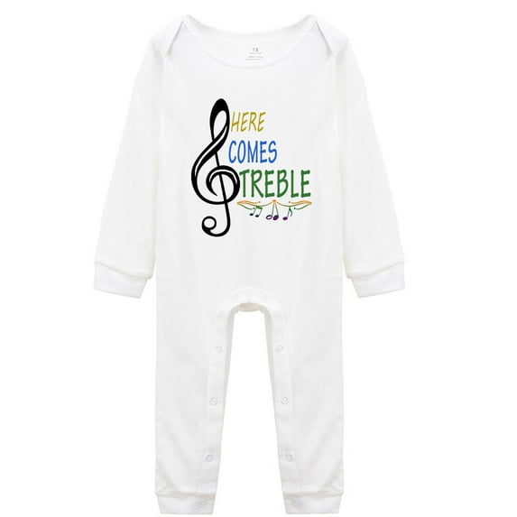 YCICIVDee Baby Bodysuit‘Here Comes Treble’ Baby Funny Music Guitar Drummer Body Suit Gift Present 18-24 Months White Long Sleeve Rompers