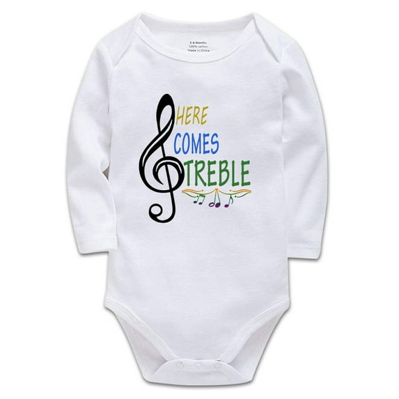 YCICIVDee Baby Bodysuit‘Here Comes Treble’ Baby Funny Music Guitar Drummer Body Suit Gift Present 3-6 Months White Long Sleeve