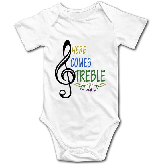 YCICIVDee Baby Bodysuit‘Here Comes Treble’ Baby Funny Music Guitar Drummer Body Suit Gift Present 9-12 Months White Short Sleeve