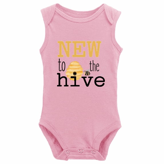 YCICIVDee Bee Bodysuit- New to the Hive Funny One-Piece Infant Baby Bodysuit 6-9 Months Sleeveless Rompers Pink