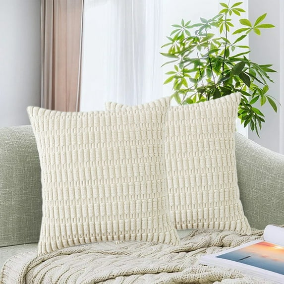 YCLife Corduroy Decorative Throw Pillows 18" x 18" Soft Plush Boho Striped Accent Pillow Modern Farmhouse Home Decor Pillows for Sofa Living Room Bedroom, Throw Pillows Under 5$, 1Pack, White