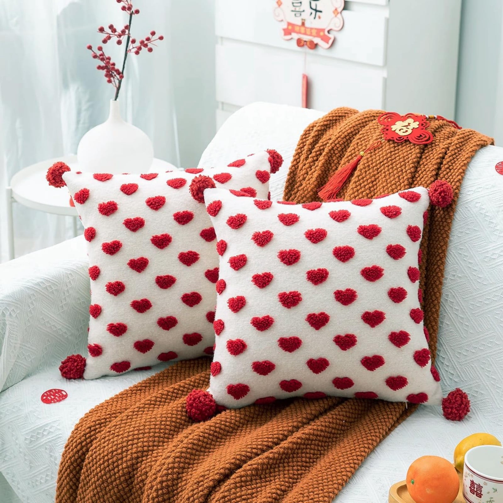 YCLife Valentine's Day Throw Pillows for Couch 18x18 inch Chenille Red