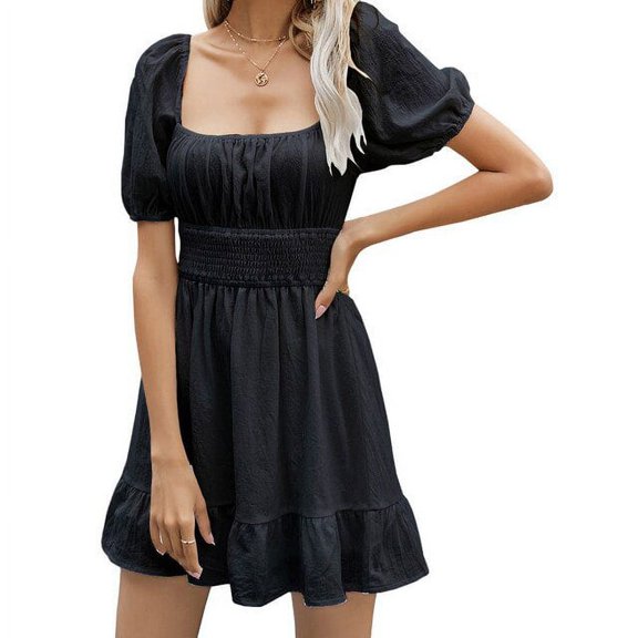 YCNYCCHY Women A-Lined Boho Short Dresses Summer Clothes 2023 Short Sleeve Square Neck Solid Color Evening Party Dress Club Streetwear
