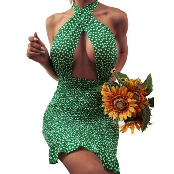 YCNYCCHY Women Close-fitting Backless Dress Sexy Floral Printed Pattern Halter Neck Hollow Out Short Dresses Summer 2023 Club Wear