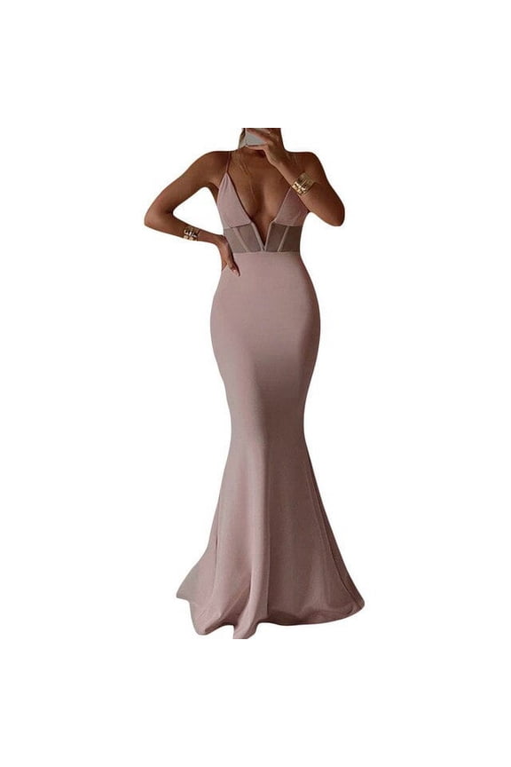 YCNYCCHY Women Evening Party Long Dresses Summer Clothes 2023 See-Through Deep V-Neck Sleeveless Sling Backless Luxury Fishtail Dress