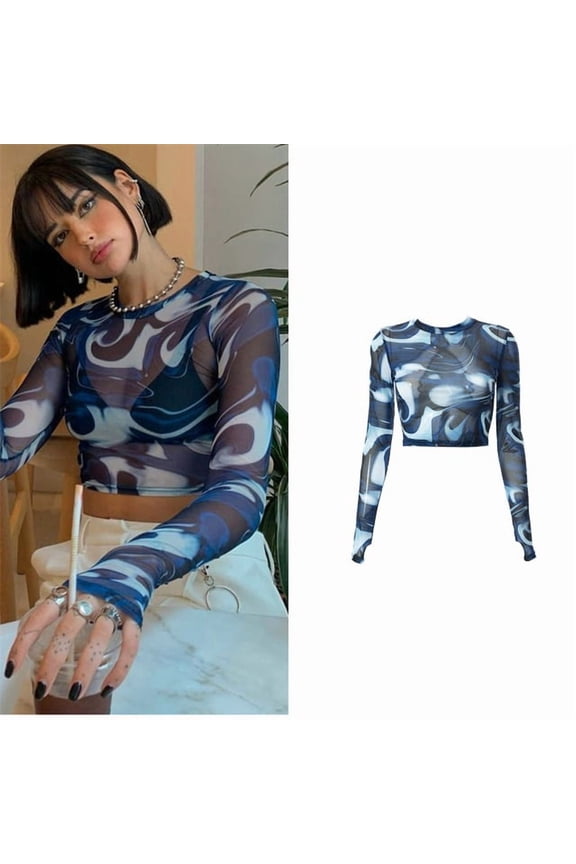 2023 Fairy Grunge Shirt Basic Mesh Print Top Women Gothic Punk T-shirts E Girl Slim Long Sleeve Tees Streetwear Cyber Y2k Tops