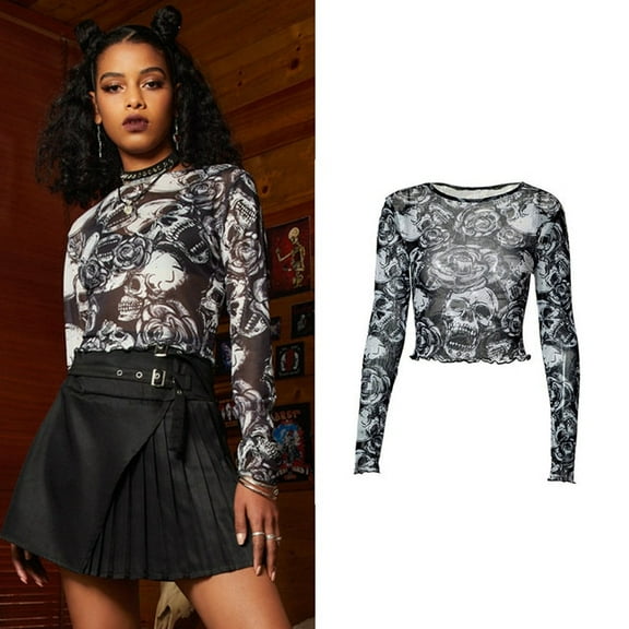 YCNYCHCHY 2023 Fairy Grunge Shirt Basic Mesh Print Top Women Gothic Punk T-shirts E Girl Slim Long Sleeve Tees Streetwear Cyber Y2k Tops
