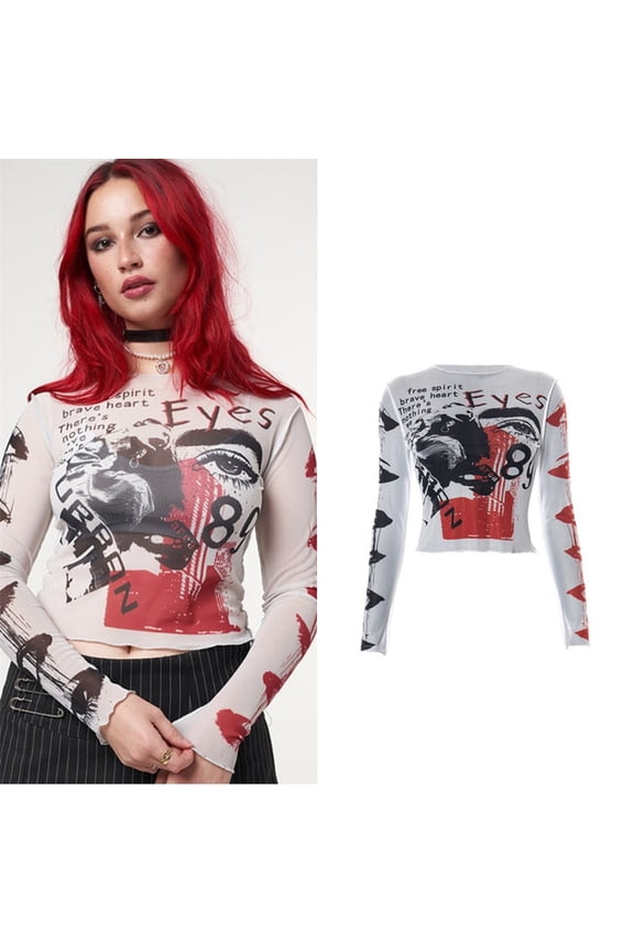 2023 Fairy Grunge Shirt Basic Mesh Print Top Women Gothic Punk T-shirts E Girl Slim Long Sleeve Tees Streetwear Cyber Y2k Tops