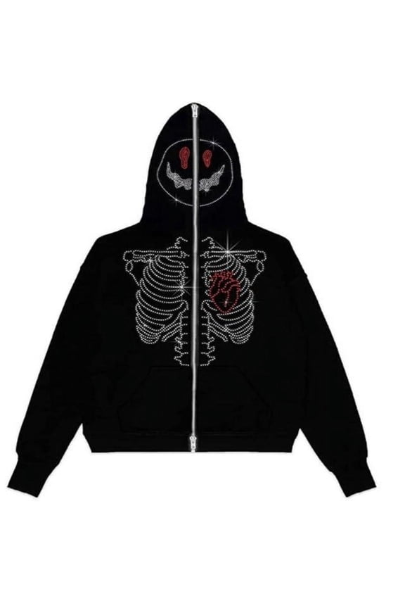 2023 Spring Women Zip Up Hoodie Emo Clothes Casual Long Sleeve Coat Sweatshirt Oversized Skeleton Hoodie Y2k Tracksuit